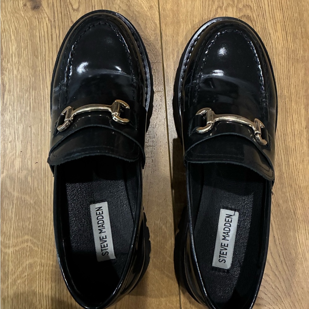 Steve Madden Black Patent Leather Loafers with Horsebit Detail